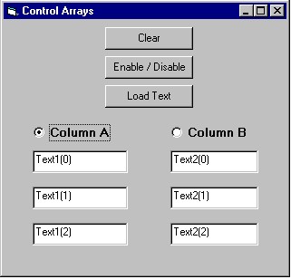 Image of form with 3 buttons, 2 arrays of 3 textboxes, and 2 option buttons.